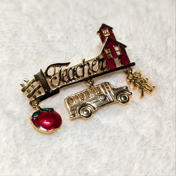Vintage Goldtone and Red Enamel #1 TEACHER Brooche - Picture 4 of 6